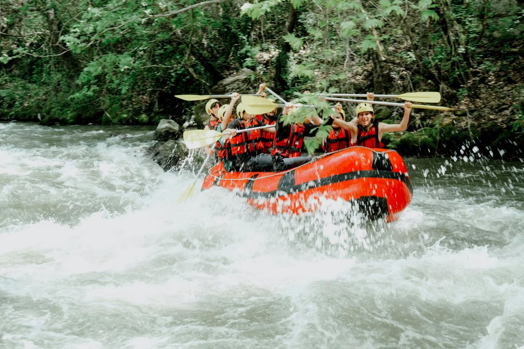 Group enjoying thrilling whitewater rafting adventure through forest rapids with dynamic splashes.